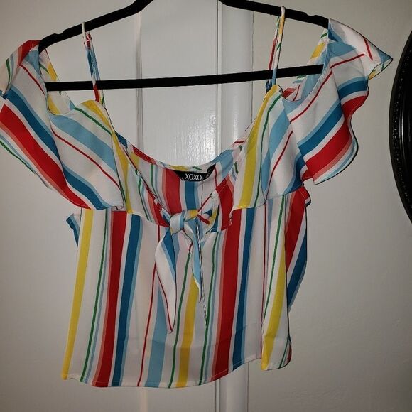XOXO Cold Shoulder Striped Pullover Top - Picture 1 of 6